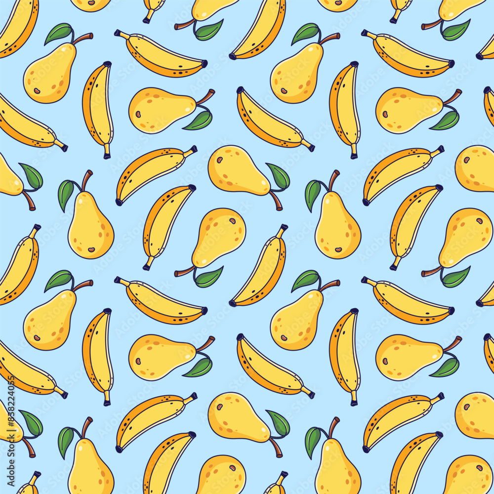 Wall mural cute yellow banana and pear seamless pattern light blue background in cartoon style. vector cartoon 