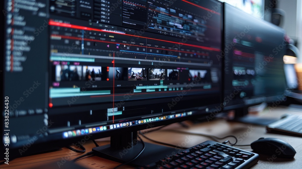 Poster top view of a video editing timeline on a computer screen, with a creative storyboard layout and ann
