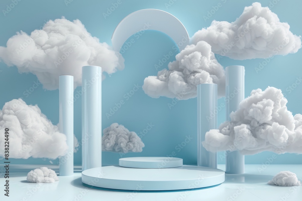 Poster a blue rendering of a podium amidst a minimal cloud scene showing a minimal product display backdrop