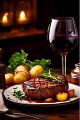 Steak and Red Wine. food photography style, steak, potatoes, red wine, plate, table, rustic restaurant, appetizing, professional, culinary, high-resolution, commercial, highly detailed