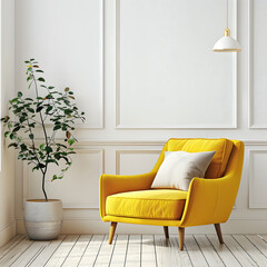  Modern wooden living , Living room interior has an yellow armchair on empty dark white wall background, room, Light room with sofa and armchair on empty dark White wall background,
