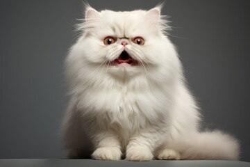 Portrait of a smiling cymric cat isolated on blank studio backdrop