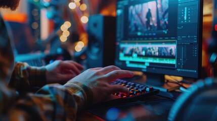 Video editor's hands working on a timeline in editing software, trimming and rearranging clips to craft a compelling narrative