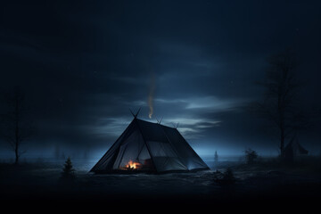 A small tent is lit by a fire in the middle of a forest