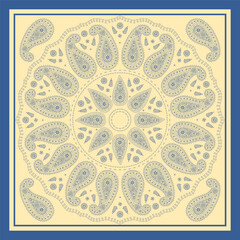 Scarf or bandana design with paisley mandala pattern and floral elements. Ethnic carpet design.