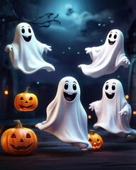 Friendly cartoon ghosts playing and floating around, Happy Halloween banner.