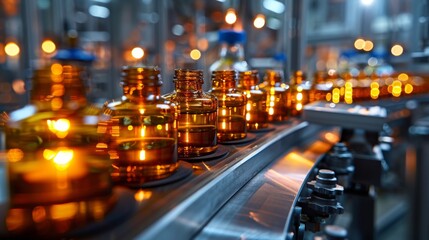 Obraz premium Pharmaceutical production line with amber vials and bokeh lights