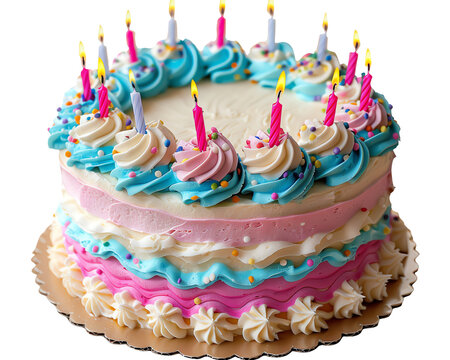 A delicious birthday cake with pink, blue, and white frosting, decorated with candles and sprinkles.