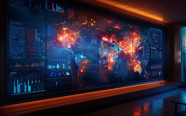 Sophisticated trading floor with global market data screens