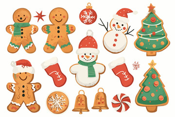 Fototapeta premium Vector set of Christmas gingerbread. Gingerbread of various shapes - balls, Christmas tree, star.