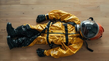 Protective clothing and a helmet on wooden floor.