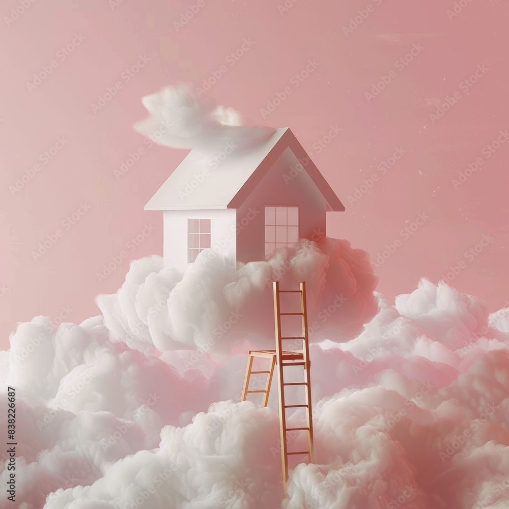 Poster 3d rendering of a dream house on the clouds with a ladder isolated on a green background.