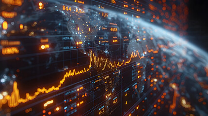 Dynamic visualization of global financial data, highlighting stock market trends with illuminated charts and numbers in a digital interface