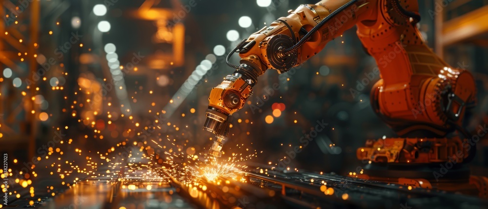 Poster robotic arm using laser technology in a dimly lit automated factory, sparks flying