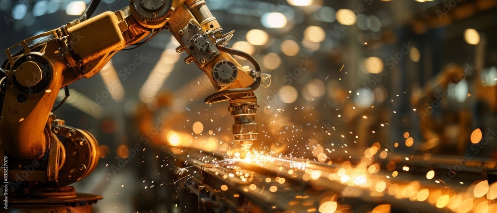 Poster robotic arm using laser technology in a dimly lit automated factory, sparks flying