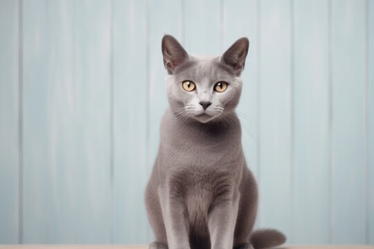 Portrait of a cute korat cat over light wood minimalistic setup