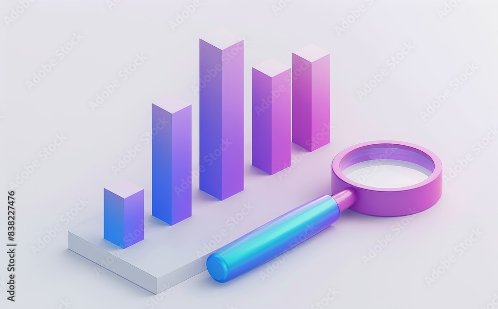 Aufkleber research into financial growth with a 3d render of a business line bar pie chart with magnifying gla