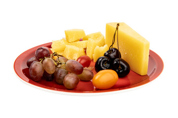 Plate with cheese and fruits isolated on white