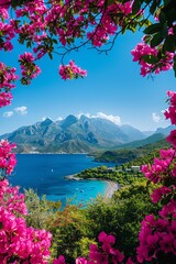 Colorful flowers framing a mountain view, bright blue sky, vibrant and scenic