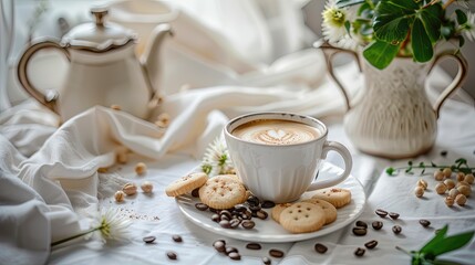 Fototapeta premium A cup of coffee with one cookie on a white table, a coffee pot and flowers in a vase