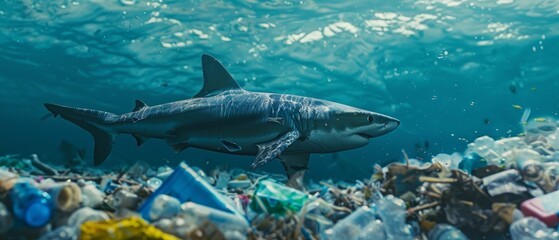 Fototapeta premium Shark swimming through a cloud of plastic waste