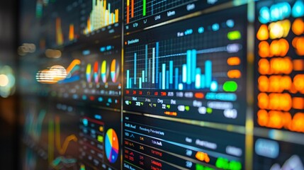 Obraz premium A photograph of a financial dashboard with various charts, graphs, and stock market data