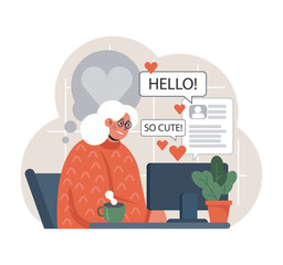 Charming senior woman enjoys online dating. Flat vector illustration
