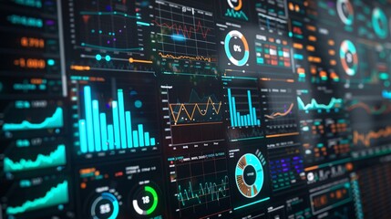 Fototapeta premium A photograph of a financial dashboard with various charts, graphs, and stock market data