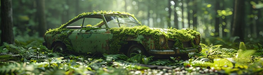 Green car covered in moss and leaves, nature background, sunlight filtering through trees