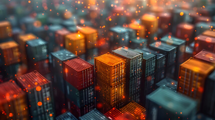 Stacks of shipping containers with warm bokeh lights creating a vibrant, industrial scene symbolizing global trade and logistics