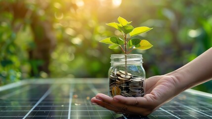 Hand holding jar with coins and tree, solar panels background, green investment