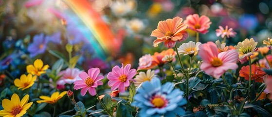 A vibrant garden in full bloom with colorful flowers and a beautiful rainbow in the background, creating a serene and magical atmosphere.
