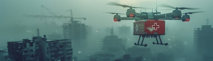Medical drone with first aid box, flying in a foggy, wartorn urban landscape
