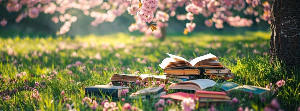 Serene outdoor reading spot under a blossoming cherry tree with scattered books on the grass generated by AI