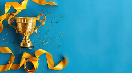 Golden trophy and ribbon, competition concept, blue background with copy space 