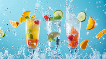 Three colorful summer drinks splashing with fruit and ice cubes, showcasing refreshment and vibrancy against a blue background.
