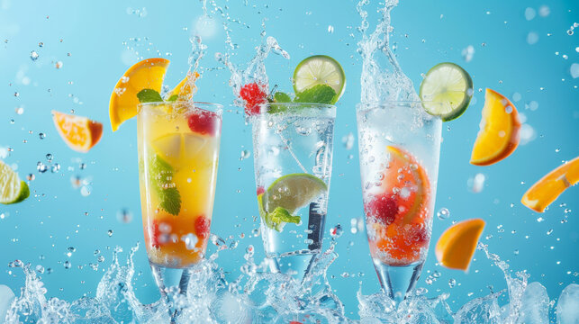 Three colorful summer drinks splashing with fruit and ice cubes, showcasing refreshment and vibrancy against a blue background.
