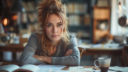 A woman working intensely, studying or working hard, feeling worried.