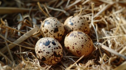 Obraz premium Quail eggs on straw. Diet food