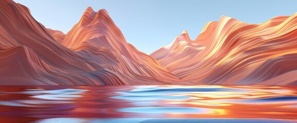 Stunning sunset and sunrise wallpaper with 3D rendered cliffs and water. Abstract modern background.