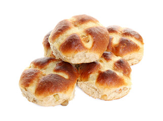 Tasty hot cross buns isolated on white