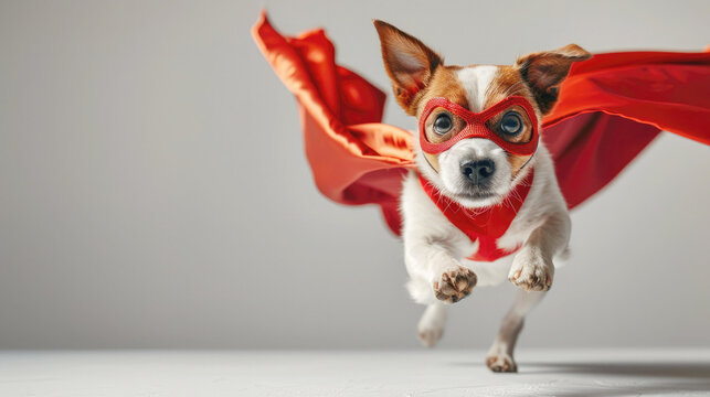Jack Russell dog dressed as a superhero, wearing a red cape and mask, jumping and flying on a white background with space for text. Superdog, leader, and funny animal concept captured