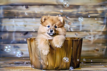 Happy and playful cute dog Chow-chow playing in a foam bath with foam on his face, photography style