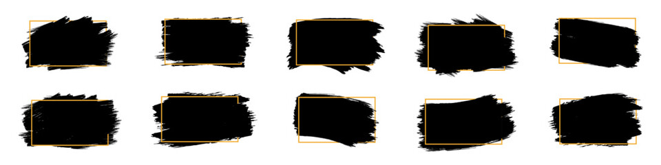 Black brush paint ink stroke design over golden frame. Grunge background template with geometric shapes. 
