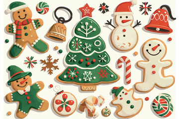 Fototapeta premium Vector set of Christmas gingerbread. Gingerbread of various shapes - balls, Christmas tree, star.