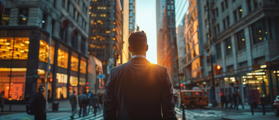 Obraz premium Business professional in suit stands in busy city street at sunset, surrounded by tall buildings and urban life, contemplating future.