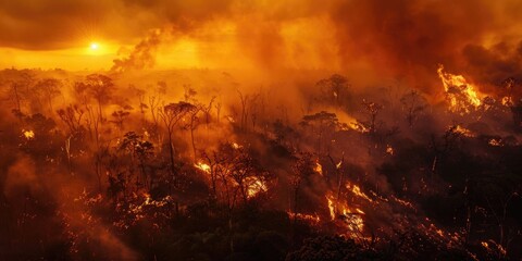 Rainforest fire, wildfire, smoke disaster is burning caused by humans during the dry season