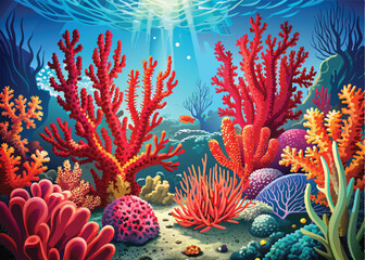 Brightly colored coral reef with sun rays shining through the water- © frrlbt