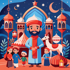 Happy Eid Al Adha Mubarak celebration banner with moon and cow goat paper cut effect on blue night color background. Eid Al Adha Mubarak Muslim celebration day