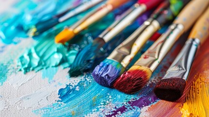 Colorful paintbrushes with vibrant paints on canvas, showcasing an artistic and creative composition. Perfect for art, painting, and creativity themes.